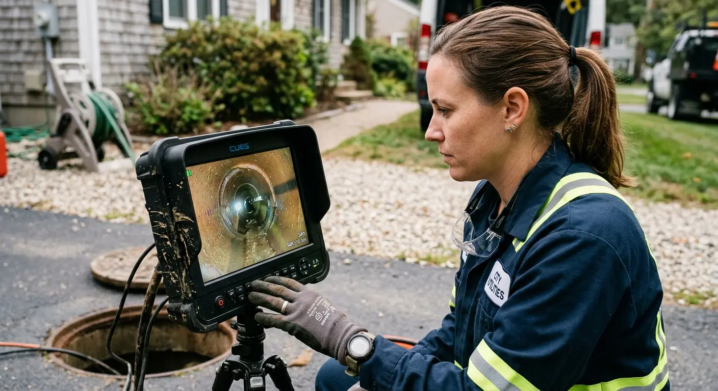 Technician reviewing sewer camera inspection footage in Kenmore