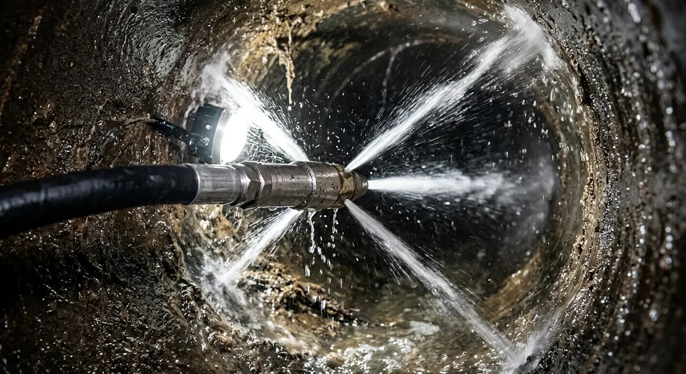 High-pressure hydro jetting nozzle cleaning sewer pipe for Emergency Drain Service in Kenmore