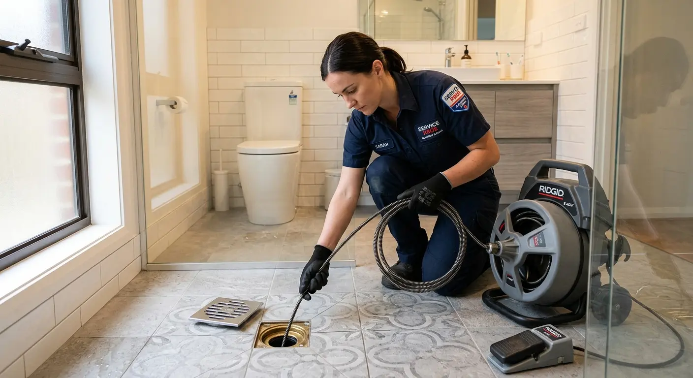 Technician clearing a bathroom floor drain for Hydro Jetting in Kenmore